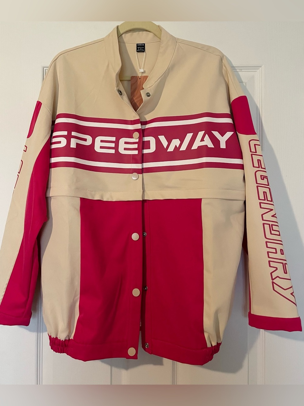 SHEIN SXY Two-Tone Speedway Moto Jacket - Beige & Pink